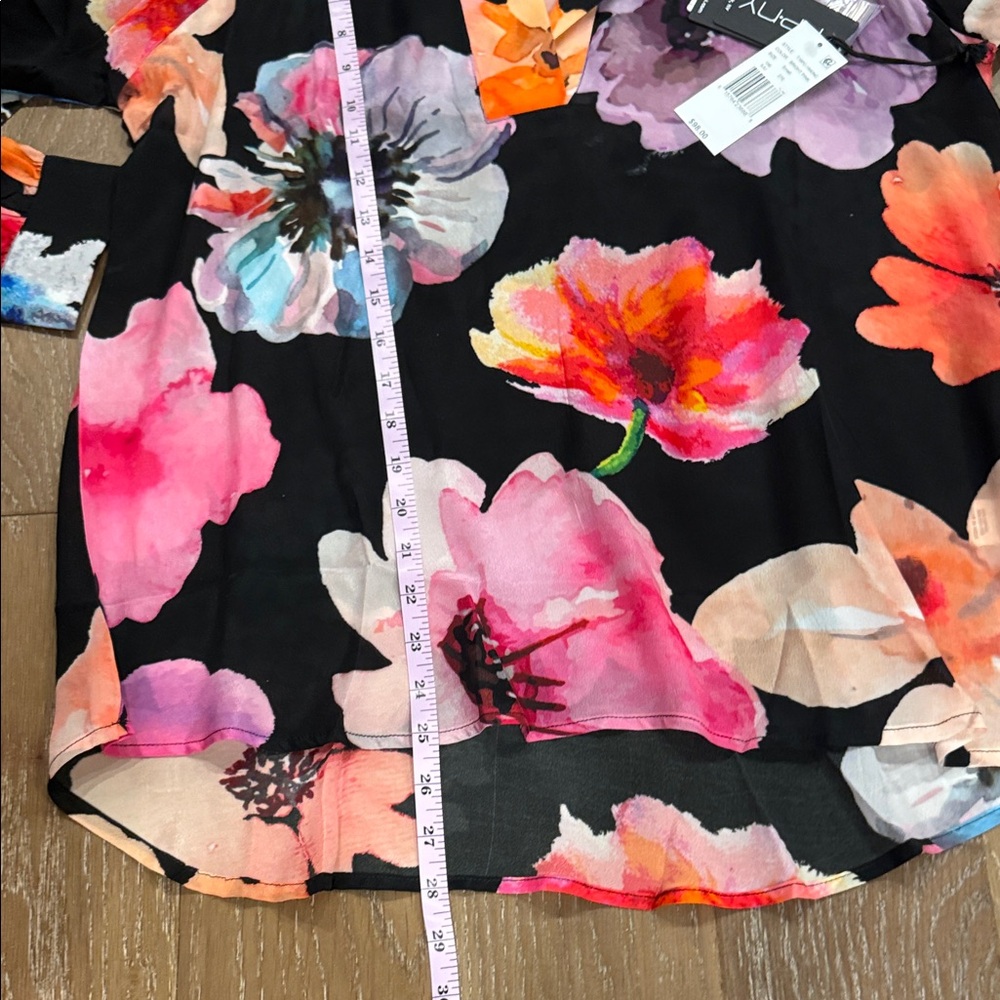 Black Floral Collared Long-Sleeve Blouse with Multicolor Blooms - Picture 10 of 11